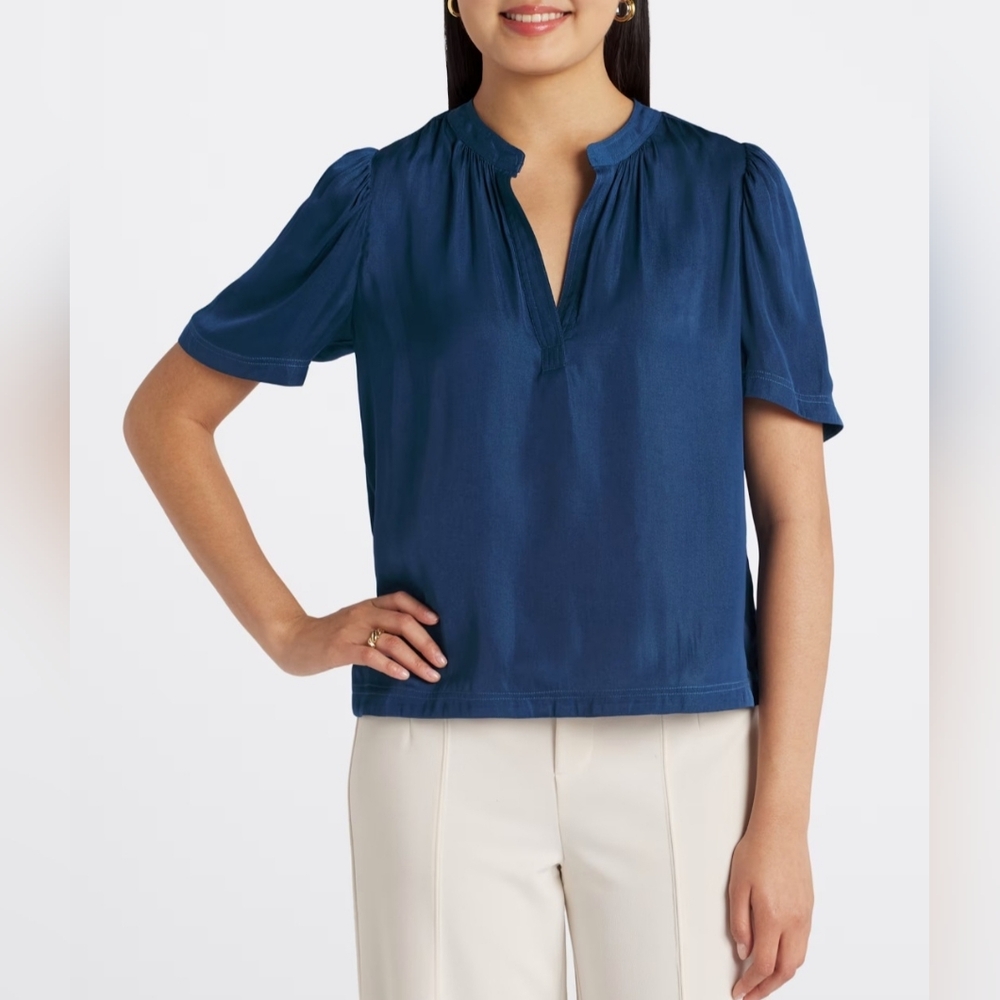 NWT Nine Bitton Santiago Blue Satin Split Neck Blouse Sz L